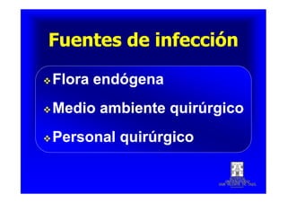 Fuentes de infecciónFuentes de infecciónFuentes de infecciónFuentes de infección
Flora endógenaFlora endógena
Medio ambiente quirúrgicoMedio ambiente quirúrgico
Personal quirúrgicoPersonal quirúrgico
Flora endógenaFlora endógena
Medio ambiente quirúrgicoMedio ambiente quirúrgico
Personal quirúrgicoPersonal quirúrgico
 