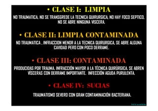• CLASE I: LIMPIA
NO TRAUMATICA, NO SE TRANSGREDE LA TECNICA QUIRURGICA, NO HAY FOCO SEPTICO,
NO SE ABRE NINGUNA VISCERA.
• CLASE II: LIMPIA CONTAMINADA
NO TRAUMATICA , INFRACCION MENOR A LA TECNICA QUIRURGICA, SE ABRE ALGUNA
CAVIDAD PERO CON POCO DERRAME.
• CLASE III: CONTAMINADA
PRODUCIDAS POR TRAUMA. INFRACCIÓN MAYOR A LA TÉCNICA QUIRÚRGICA. SE ABREN
VÍSCERAS CON DERRAME IMPORTANTE. INFECCIÓN AGUDA PURULENTA.
• CLASE IV: SUCIAS
TRAUMATISMO SEVERO CON GRAN CONTAMINACIÓN BACTERIANA.
Prof.Dr. Luis del Rio Diez
 