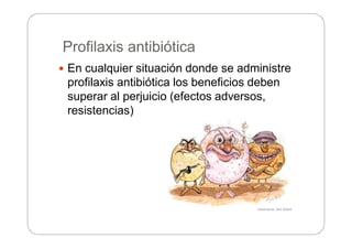 Profilaxis antibiótica
 En cualquier situación donde se administre
profilaxis antibiótica los beneficios deben
superar al perjuicio (efectos adversos,
resistencias)
 
