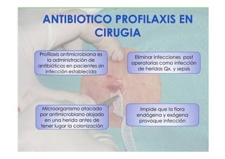 Profilaxis antimicrobiana es
la administración de
antibióticos en pacientes sin
infección establecida
Eliminar infecciones post
operatorias como infección
de heridas Qx. y sepsis
Microorganismo atacado
por antimicrobiano alojado
en una herida antes de
tener lugar la colonización
Impide que la flora
endógena y exógena
provoque infección
 