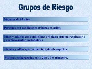 Mayores de 65 años.

Personas con condiciones crónicas en asilos.

Niños y adultos con condiciones crónicas: sistema respiratorio
y cardiovascular, metabólicas.


Jóvenes y niños que reciben terapias de aspirina.

Mujeres embarazadas en su 2do y 3er trimestre.
 