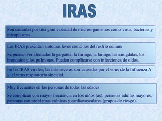 Son causadas por una gran variedad de microorganismos como virus, bacterias y
micoplasmas.

Las IRAS presentan síntomas leves como los del resfrío común
Se pueden ver afectadas la garganta, la faringe, la laringe, las amígdalas, los
bronquios y los pulmones. Pueden complicarse con infecciones de oídos.

En las IRAS virales, las más severas son causadas por el virus de la Influenza A
y el virus respiratorio sincicial.

Muy frecuentes en las personas de todas las edades
Se complican con mayor frecuencia en los niños (as), personas adultas mayores,
personas con problemas crónicos y cardiovasculares.(grupos de riesgo).
 