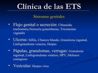 Clínica de las ETS Síntomas genitales Flujo genital o secreción:  Chlamidia trachomatis,Neisseria gonorrhoeae, Tricomonas vaginalis Ulceras:  Sífilis, Chancro blando, Granuloma inguinal, Linfogranuloma venereo, Herpes Pápulas, granulomas, verrugas:  Granuloma inguinal, Linfogranuloma venéreo, HPV, Molusco contagioso Vesículas:  Herpes virus 