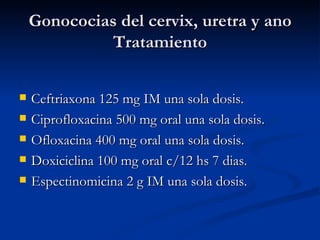 Gonococias del cervix, uretra y ano Tratamiento Ceftriaxona 125 mg IM una sola dosis. Ciprofloxacina 500 mg oral una sola dosis. Ofloxacina 400 mg oral una sola dosis. Doxiciclina 100 mg oral c/12 hs 7 dias. Espectinomicina 2 g IM una sola dosis. 
