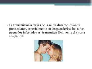 • La transmisión a través de la saliva durante los años
preescolares, especialmente en las guarderías, los niños
pequeños infectados así transmiten fácilmente el virus a
sus padres.
 