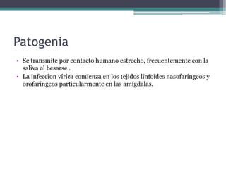 Patogenia
• Se transmite por contacto humano estrecho, frecuentemente con la
saliva al besarse .
• La infeccion vírica comienza en los tejidos linfoides nasofaríngeos y
orofaríngeos particularmente en las amígdalas.
 