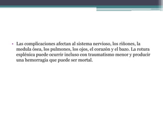 • Las complicaciones afectan al sistema nervioso, los riñones, la
medula ósea, los pulmones, los ojos, el corazón y el bazo. La rotura
esplénica puede ocurrir incluso con traumatismo menor y producir
una hemorragia que puede ser mortal.
 