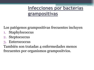 Infecciones por bacterias
grampositivas
Los patógenos grampositivas frecuentes incluyen
1. Staphylococcus
2. Steptococcus
3. Enterococcus
También son tratadas 4 enfermedades menos
frecuentes por organismos grampositvios.
 