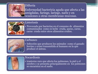 Difteria
Enfermedad bactericia aguda que afecta a las
amígdalas, faringe, laringe, nariz y en
ocasiones a otras membranas mucosas.
Listeriosis
• Provocada por bacterias en el consumo de alimentos
contaminados como es leche cruda, queso, carne,
carne cruda entre otros alimentos crudos.
Carbunco
• Infección que producen los animales como el ganado
bovino y ovino transmitida al humano en la que
produce el ántrax.
Nocardiosis
• trastorno raro que afecta los pulmones, la piel o el
cerebro y se presenta principalmente en los pulmones
se encuentra en el suelo.
 