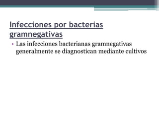 Infecciones por bacterias
gramnegativas
• Las infecciones bacterianas gramnegativas
generalmente se diagnostican mediante cultivos
 