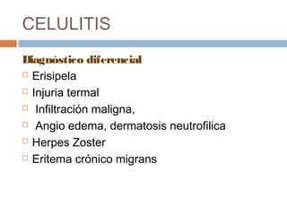 CELULITIS
Diagnóstico diferencial
 Erisipela
 Injuria termal
 Infiltración maligna,
 Angio edema, dermatosis neutrofilica
 Herpes Zoster
 Eritema crónico migrans
 