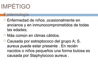 IMPÉTIGO
Epidemiología
 Enfermedad de niños ,ocasionalmente en
ancianos y en inmunocomprometidos de todas
las edades;
 Más común en climas cálidos.
 Causada por estreptococo del grupo A; S.
aureus puede estar presente . En recién
nacidos o niños pequeños una forma bulosa es
causada por Staphylococo aureus .
 