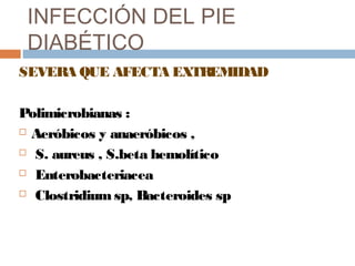 INFECCIÓN DEL PIE
DIABÉTICO
SEVERA QUE AFECTA EXTREMIDAD
Polimicrobianas :
 Aeróbicos y anaeróbicos ,
 S. aureus , S.beta hemolítico
 Enterobacteriacea
 Clostridium sp, Bacteroides sp
 