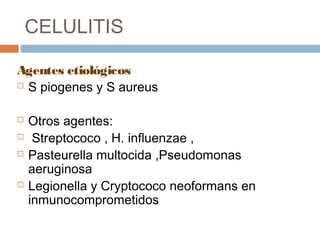 CELULITIS
Agentes etiológicos
 S piogenes y S aureus
 Otros agentes:
 Streptococo , H. influenzae ,
 Pasteurella multocida ,Pseudomonas
aeruginosa
 Legionella y Cryptococo neoformans en
inmunocomprometidos
 