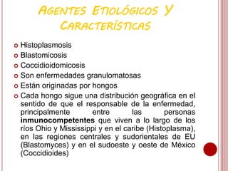 AGENTES ETIOLÓGICOS Y
CARACTERÍSTICAS
 Histoplasmosis
 Blastomicosis
 Coccidioidomicosis
 Son enfermedades granulomatosas
 Están originadas por hongos
 Cada hongo sigue una distribución geográfica en el
sentido de que el responsable de la enfermedad,
principalmente entre las personas
inmunocompetentes que viven a lo largo de los
ríos Ohio y Mississippi y en el caribe (Histoplasma),
en las regiones centrales y sudorientales de EU
(Blastomyces) y en el sudoeste y oeste de México
(Coccidioides)
 