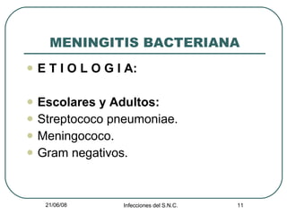 MENINGITIS BACTERIANA E T I O L O G I A: Escolares y Adultos: Streptococo pneumoniae. Meningococo. Gram negativos. 