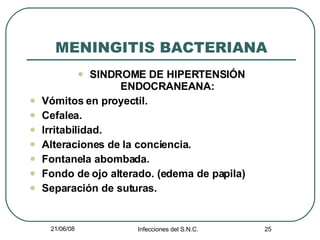 MENINGITIS BACTERIANA SINDROME DE HIPERTENSIÓN ENDOCRANEANA: Vómitos en proyectil. Cefalea. Irritabilidad. Alteraciones de la conciencia. Fontanela abombada. Fondo de ojo alterado. (edema de papila) Separación de suturas. 
