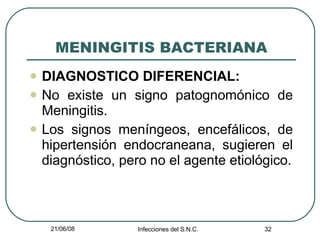 MENINGITIS BACTERIANA DIAGNOSTICO DIFERENCIAL: No existe un signo patognomónico de Meningitis. Los signos meníngeos, encefálicos, de hipertensión endocraneana, sugieren el diagnóstico, pero no el agente etiológico. 