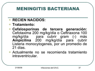 MENINGITIS BACTERIANA RECIEN NACIDOS: Tratamiento: Cefalosporinas de tercera generación:  Cefotaxima 200 mg/kg/día o Ceftriaxona 100 mg/kg/dia  para cubrir gram (-) más  Ampicilina  200 mg/kg/día para cubrir Listeria monocytogenes, por un promedio de 21 días. Actualmente no se recomienda tratamiento intraventricular. 