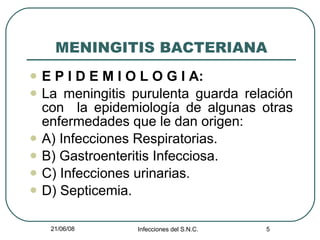 MENINGITIS BACTERIANA E P I D E M I O L O G I A: La meningitis purulenta guarda relación con  la epidemiología de algunas otras enfermedades que le dan origen: A) Infecciones Respiratorias. B) Gastroenteritis Infecciosa. C) Infecciones urinarias. D) Septicemia. 