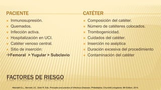 FACTORES DE RIESGO
PACIENTE CATÉTER
 Inmunosupresión.
 Quemados.
 Infección activa.
 Hospitalización en UCI.
 Catéter venoso central.
 Sitio de inserción:
Femoral > Yugular > Subclavio
 Composición del catéter.
 Número de catéteres colocados.
 Trombogenicidad.
 Cuidados del catéter.
 Inserción no aséptica
 Duración excesiva del procedimiento
 Contaminación del catéter
•Mandell G.L., Bennett J.E., Dolin R. Eds. Principles and practice of Infectious Diseases. Philadelphia. Churchill Livingstone. 8th Edition, 2014.
 