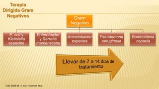 Terapia
Dirigida Gram
Negativos Gram
Negativo
E. coli y
Klebsiella
especies
Enterobacter
y Serratia
marcenscens
Acinetobacter
especies
Pseudomona
aeruginosa
Burkholderia
cepacia
•CID 2009:49 (1 July) • Mermel et al.
 