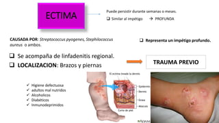 ECTIMA
 Se acompaña de linfadenitis regional.
 LOCALIZACION: Brazos y piernas
CAUSADA POR: Streptococcus pyogenes, Stephilococcus
aureus o ambos.
 Representa un impétigo profundo.
Puede persistir durante semanas o meses.
 Higiene defectuosa
 adultos mal nutridos
 Alcoholicos
 Diabéticos
 Inmunodeprimidos
TRAUMA PREVIO
 Similar al impétigo  PROFUNDA
 
