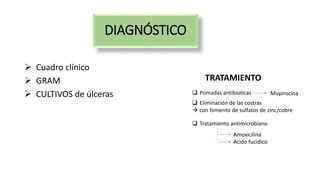 DIAGNÓSTICO
 Cuadro clínico
 GRAM
 CULTIVOS de úlceras
TRATAMIENTO
 Eliminación de las costras
 con fomento de sulfatos de zinc/cobre
 Tratamiento antimicrobiano
Amoxicilina
Acido fucidico
 Pomadas antibioticas Mupirocina
 