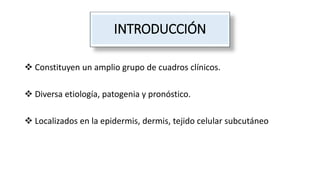 INTRODUCCIÓN
 Constituyen un amplio grupo de cuadros clínicos.
 Diversa etiología, patogenia y pronóstico.
 Localizados en la epidermis, dermis, tejido celular subcutáneo
 