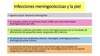 Infecciones meningocóccicas y la piel
• Agente causal: Neisseria meningitidis
• En estados unidos se producen hasta 2.800 casos de enfermedad
meningocóccica por año.
• Las lesiones cutáneas asociadas con la meningococcemia son el resultado de
alteraciones de pequeños vasos sanguíneos de la dermis.
• Se presentan tres síndromes clínicos: meningitis, meningococcemia y
meningococcemia crónica.
• La presencia de áreas purpúricas o de hemorragia macroscópica se
correlacionan con un mayor numero de microorganismos en la circulación
sanguínea e indica peor pronostico.
 
