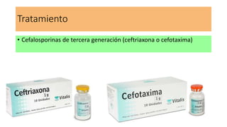 Tratamiento
• Cefalosporinas de tercera generación (ceftriaxona o cefotaxima)
 