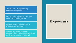 Etiopatogenia
Causada por : estreptococo β
hemolítico del grupo A
Rara vez: de los grupos C o G, y en
recién nacidos del grupo B
Algunos la atribuyen también a
Staphylococcus aureus.
Factores de riesgo: linfedema,
mastectomía con disección ganglionar,
insuficiencia venosa y obesidad.
 