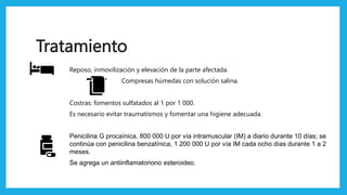 Tratamiento
Reposo, inmovilización y elevación de la parte afectada.
Compresas húmedas con solución salina.
Costras: fomentos sulfatados al 1 por 1 000.
Es necesario evitar traumatismos y fomentar una higiene adecuada.
Penicilina G procaínica, 800 000 U por vía intramuscular (IM) a diario durante 10 días; se
continúa con penicilina benzatínica, 1 200 000 U por vía IM cada ocho días durante 1 a 2
meses.
Se agrega un antiinflamatoriono esteroideo.
 