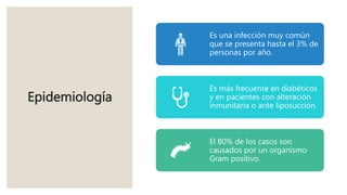 Epidemiología
Es una infección muy común
que se presenta hasta el 3% de
personas por año.
Es más frecuente en diabéticos
y en pacientes con alteración
inmunitaria o ante liposucción.
El 80% de los casos son
causados por un organismo
Gram positivo.
 
