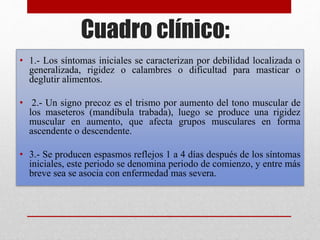 Cuadro clínico:
• 1.- Los síntomas iniciales se caracterizan por debilidad localizada o
generalizada, rigidez o calambres o dificultad para masticar o
deglutir alimentos.
• 2.- Un signo precoz es el trismo por aumento del tono muscular de
los maseteros (mandíbula trabada), luego se produce una rigidez
muscular en aumento, que afecta grupos musculares en forma
ascendente o descendente.
• 3.- Se producen espasmos reflejos 1 a 4 días después de los síntomas
iniciales, este periodo se denomina periodo de comienzo, y entre más
breve sea se asocia con enfermedad mas severa.
 