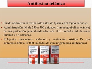 • Puede neutralizar la toxina solo antes de fijarse en el tejido nervioso.
• Administración IM de 250 a 500 unidades (inmunoglobulina tetánica)
da una protección generalizada adecuada 0.01 unidad x mL de suero
durante 2 a 4 semanas.
• Relajantes musculares, sedación y ventilación asistida Px con
síntomas (3000 a 10 000 unidades de inmunoglobulina antitetánica).
Antitoxina tetánica
 