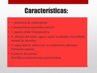 Características:
• 1. presencia de endoesporas
• 2.metabolismo anaerobio estricto
• 3. pared celular Grampositiva
• 4. ubicuos del suelo, agua y aguas residuales, microbiota
normal de intestino.
• 5. capacidad de sobrevivir en condiciones adversas
formando esporas.
• 6.síntesis de toxinas:
histolíticas,enterotoxinas,neurotoxinas.
 