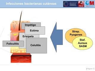 | Página 13
Infecciones bacterianas cutáneas
Strep.
Pyogenes
Staf.
Aureus
SASM
Impétigo
Ectima
Erisipela
Celulitis
Folicul...
