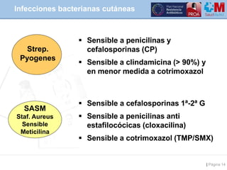 | Página 14
Infecciones bacterianas cutáneas
Strep.
Pyogenes
 Sensible a penicilinas y
cefalosporinas (CP)
 Sensible a c...