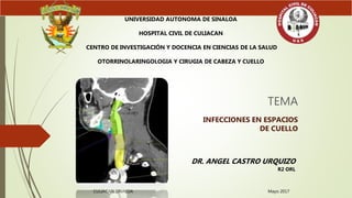 TEMA
INFECCIONES EN ESPACIOS
DE CUELLO
UNIVERSIDAD AUTONOMA DE SINALOA
HOSPITAL CIVIL DE CULIACAN
CENTRO DE INVESTIGACIÓN Y DOCENCIA EN CIENCIAS DE LA SALUD
OTORRINOLARINGOLOGIA Y CIRUGIA DE CABEZA Y CUELLO
DR. ANGEL CASTRO URQUIZO
R2 ORL
CULIACAN SINALOA Mayo 2017
 
