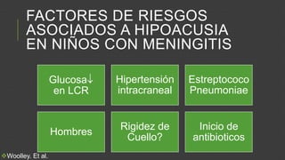 FACTORES DE RIESGOS
ASOCIADOS A HIPOACUSIA
EN NIÑOS CON MENINGITIS
Glucosa
en LCR

Estreptococo
Pneumoniae

Hombres
Woolley. Et al.

Hipertensión
intracraneal

Rigidez de
Cuello?

Inicio de
antibioticos

 