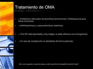 Tratamiento de OMA
• □ Antibióticos (derivados de penicilina) (eritromicina) ( Cefalosporina) para
frenar el proceso.
• □ Antihistaminicos y vasoconstrictores sistemicos.
• □ Si la MT está abombada y hay otalgia, se debe efectuar una miringotomía.
• □ En caso de complicación se atenderán de forma particular.
Oído, naríz, garganta y cirugía de cabeza y cuello Jesús Ramón Escajadillo 4ta edición Pag 81
 