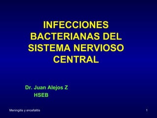 INFECCIONES BACTERIANAS DEL SISTEMA NERVIOSO CENTRAL Dr. Juan Alejos Z HSEB Meningitis y encefalitis 