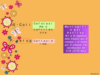 E. Co l i      Ce f o t a x i
                      ma o          Me n i n g i t i
                 c e f t r i a x          s por
                      o n a           ba c i l os
                                     G r a m negativos
                                    debe tratarse por 3
P . a e r u g iC n f ot s a i
                 e       a z    d   semanas o al menos
                      i ma          por 2 semanas tras
                                      esterilización del
                                     LCR (2-10 días)
 
