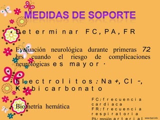 • D e t e r mi n a r   F C, PA, F R

• Evaluación neurológica durante primeras 72
  hrs cuando el riesgo de complicaciones
  neurológicas e s m a y o r .

• E l e c t r o l i t o s : N a +, C l -,
  K +, b i c a r b o n a t o
                         F   C:    f r    e c u e n c i a
• Biometría hemática     c
                         F
                             a r
                             R:
                                    d i
                                   f r
                                          a c a
                                          e c u e n c i a
                         r   e s    p i   r a t o r i a
 