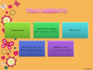 Reposición de líquidos
Hospitalización                                        Re p o s o
                       p a r e n t e r a l e s




            An a l g e s i a :            Reducción d e
           P a r a c e t a mo l        r u i d o y l u z
 