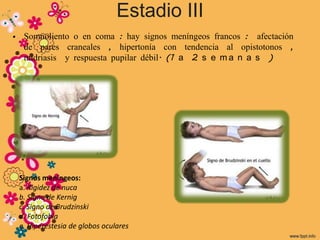 Estadio III
• Somnoliento o en coma : hay signos meníngeos francos : afectación
  de pares craneales , hipertonía con tendencia al opistotonos ,
  midriasis y respuesta pupilar débil. (1 a 2 s e m a n a s )




 Signos meníngeos:
 a. Rigidez de nuca
 b. Signo de Kernig
 c. Signo de Brudzinski
 d. Fotofobia
 e. Hiperestesia de globos oculares
 