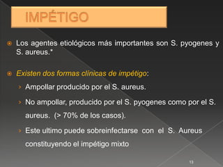    Los agentes etiológicos más importantes son S. pyogenes y
    S. aureus.*

   Existen dos formas clínicas de impétigo:
    › Ampollar producido por el S. aureus.

    › No ampollar, producido por el S. pyogenes como por el S.
      aureus. (> 70% de los casos).

    › Este ultimo puede sobreinfectarse con el S. Aureus
      constituyendo el impétigo mixto

                                                      13
 