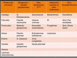 Piodermias      Gangrenas –         Infec.              Afectación         Sind.
   primarias        celulitis       Bacterianas           cutánea en   Escarlatiniformes
                  gangrenosas          2arias                infec.
                                                          sistémicas

Impétigo         G.               Quemaduras         Bacteriemias      Escarlatina
                 Estreptocócica
Foliculitis      Fascitis         Ulceras            EI                Sind. Piel
                 necrosante       crónicas                             escaldada
Forúnculos       Balanitis        Dermatitis         Fungemias         Sind. Shock
                 gangrenosa       eczematosas                          tóxico

Antrax           Flemón           Eritrodermias      Listeriosis
                 perineal         exfoliativas
Ectima           G. Gaseosa       Acne
                                  conglobata
Celulitis        Celulitis        Quiste pilonidal
                 gangrenosa
Úlceras
Lesiones
chancriformes.
                                                                           9
 