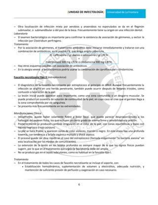 [UNIDAD DE INFECTOLOGÍA] Universidad de La Frontera



 Otra localización de infección mixta por aerobios y anaerobios no esporulados se da en el flegmón
   submaxilar, o submandibular o del piso de la boca. Frecuentemente tiene su origen en una infección dental.
Laboratorio
 El examen bacteriológico es importante para confirmar la existencia de asociación de gérmenes, y excluir la
   infección por Clostridium perfringens.
Tratamiento
 Por la asociación de gérmenes, el tratamiento antibiótico debe iniciarse inmediatamente y tratarse con una
   combinación de antibióticos, en lo posible EV, que tenga amplia cobertura.
                              Ej: Ceftriazona 2 gr diarios o cefotaxima 2 gr c/8 hr
                                                         +
                           metronidazol 500 mg c/6 hr o clindamicina 900 mg c/8 hr.
 Hay otros esquemas posibles con asociación de antibióticos.
 En la alergia severa a betalactámicos podría usarse la combinación de ciprofloxacina + clindamicina.

Fasceitis necrotizante tipo II (estreptocócica)

 El diagnóstico de la fasceitis necrotizante por estreptococo al principio es difícil. Aunque frecuentemente la
  infección se origina en una herida penetrante, también puede ocurrir después de lesiones triviales, como
  contusión o laceración de la piel.
 La lesión inicial puede aparecer poco importante, como una zona contundida o un desgarro muscular. Se
  puede producir en ausencia de solución de continuidad de la piel, en cuyo caso se cree que el germen llega a
  la zona comprometida por vía sanguínea.
 Se presenta más frecuentemente en las extremidades.

Manifestaciones Clínica
 Inicialmente, puede haber solamente fiebre y dolor local, que puede parecer desproporcionado a los
  hallazgos del examen físico, los que incluyen un cierto grado de edema firme y sensibilidad a la presión.
 Posteriormente se producen cambios irregulares en el color de la piel, con zonas equimóticas y bulas con
  líquido negruzco o rojo púrpura.
 La piel se hace friable, y aparecen zonas de color violáceo, marrón o negro. En esta etapa hay una profunda
  toxemia, con tendencia a la falla orgánica múltiple y shock séptico.
 El proceso puede ser muy rápido en el caso del estreptococo (llamada vulgarmente “la bacteria asesina” en
  esta localización por los medios de comunicación).
 La extensión de la lesión en los tejidos profundos es siempre mayor de la que los signos físicos puedan
  sugerir, por lo que en el tratamiento quirúrgico la fasciotomía debe ser amplia.
 No se produce gas en el tejido subcutáneo, como es habitual en la fasceitis tipo I.

Tratamiento
 En el tratamiento de todos los casos de fasceitis necrotizante se incluye el soporte, con:
       Estabilización hemodinámica, suplementación de volumen y electrolitos, adecuada nutrición, y
         mantención de suficiente presión de perfusión y oxigenación en caso necesario.




                                                         6
 